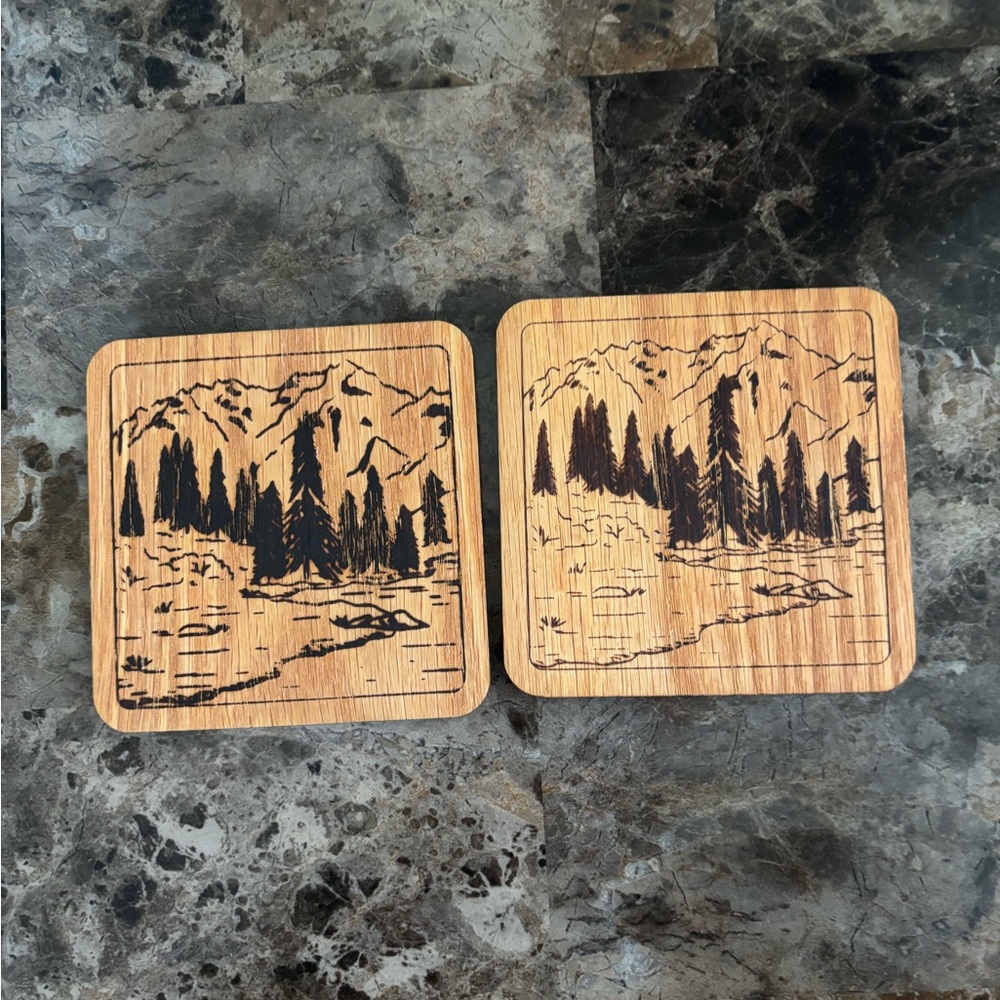 Unbranded Natural Wood Coasters Set of 2 Brown Mountain Trees Lake Design New